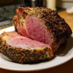 Close-up of a thick slice of prime rib recipe roast showing a beautiful medium-rare pink center and herb crust.