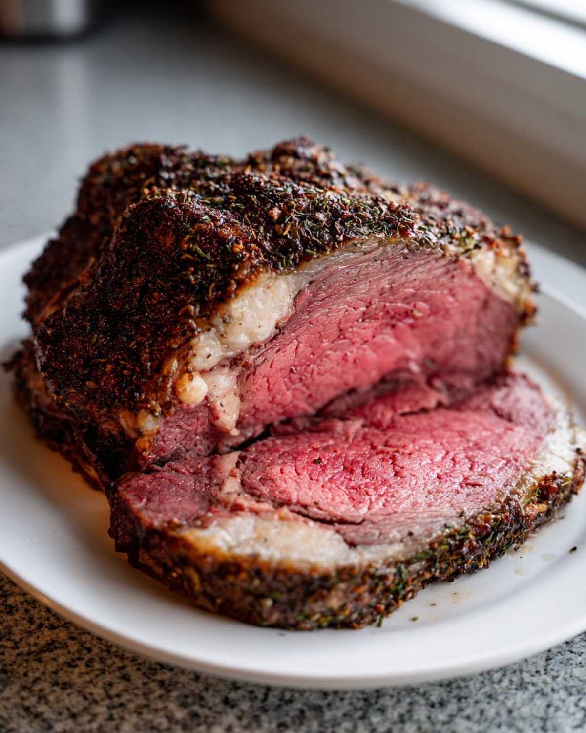 A thick slice of medium-rare prime rib roast with a dark herb crust resting on a white plate.