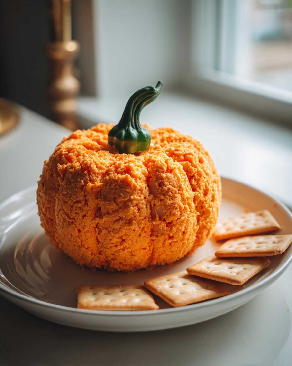 A bright orange pumpkin cheese ball shaped appetizer topped with a green gourd stem, served on a white plate with crackers.