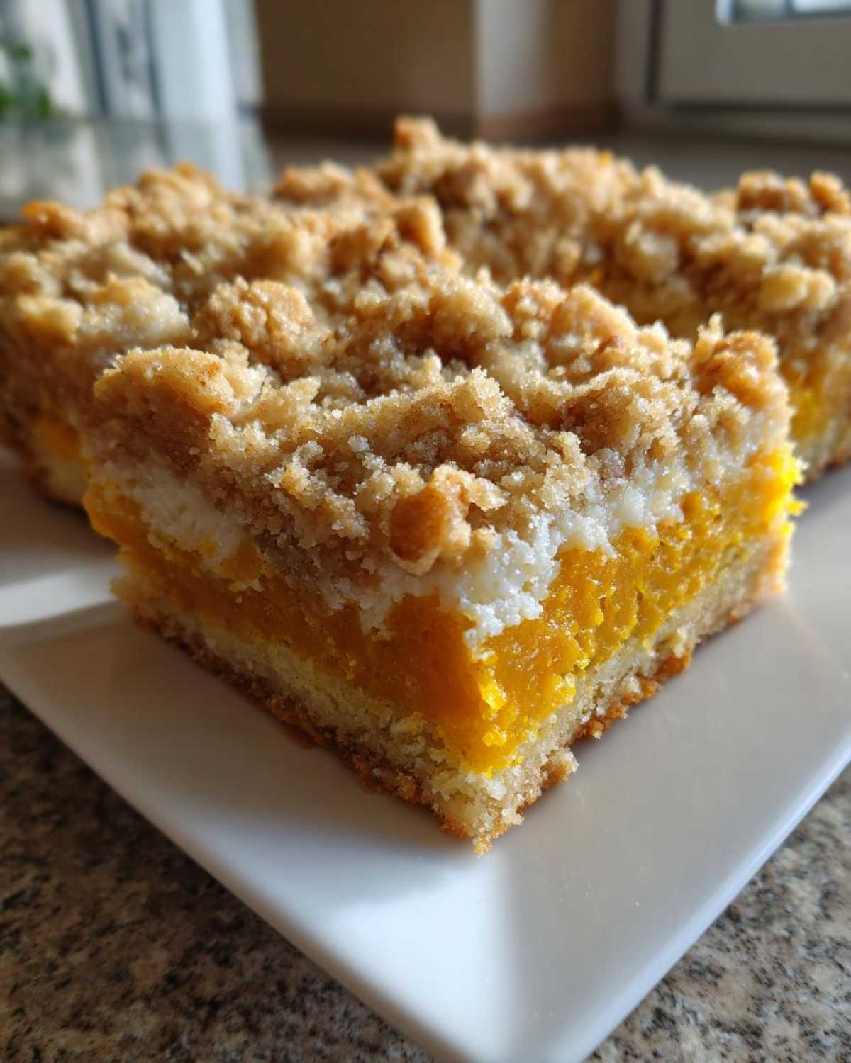 A close-up view of a layered pumpkin crunch bar slice featuring a bright orange pumpkin layer and a crumbly topping.