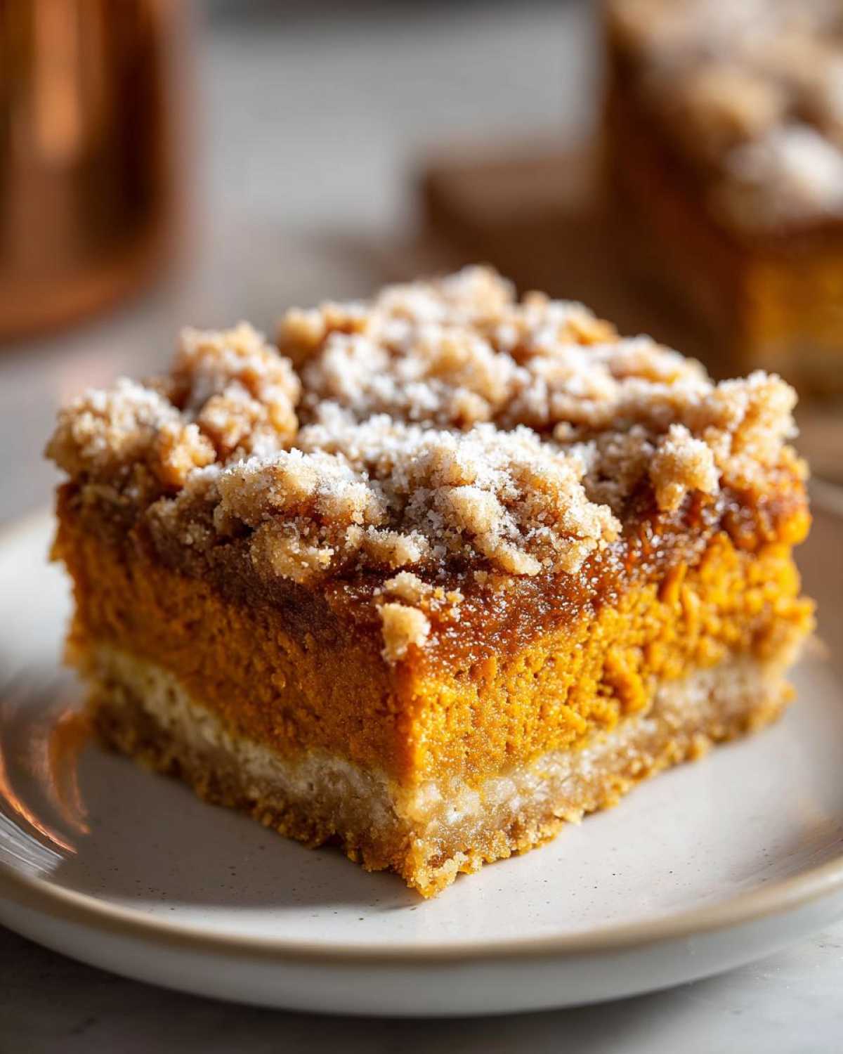 A close-up of a single serving square of pumpkin crunch dessert showing the crust, pumpkin layer, and crumb topping.