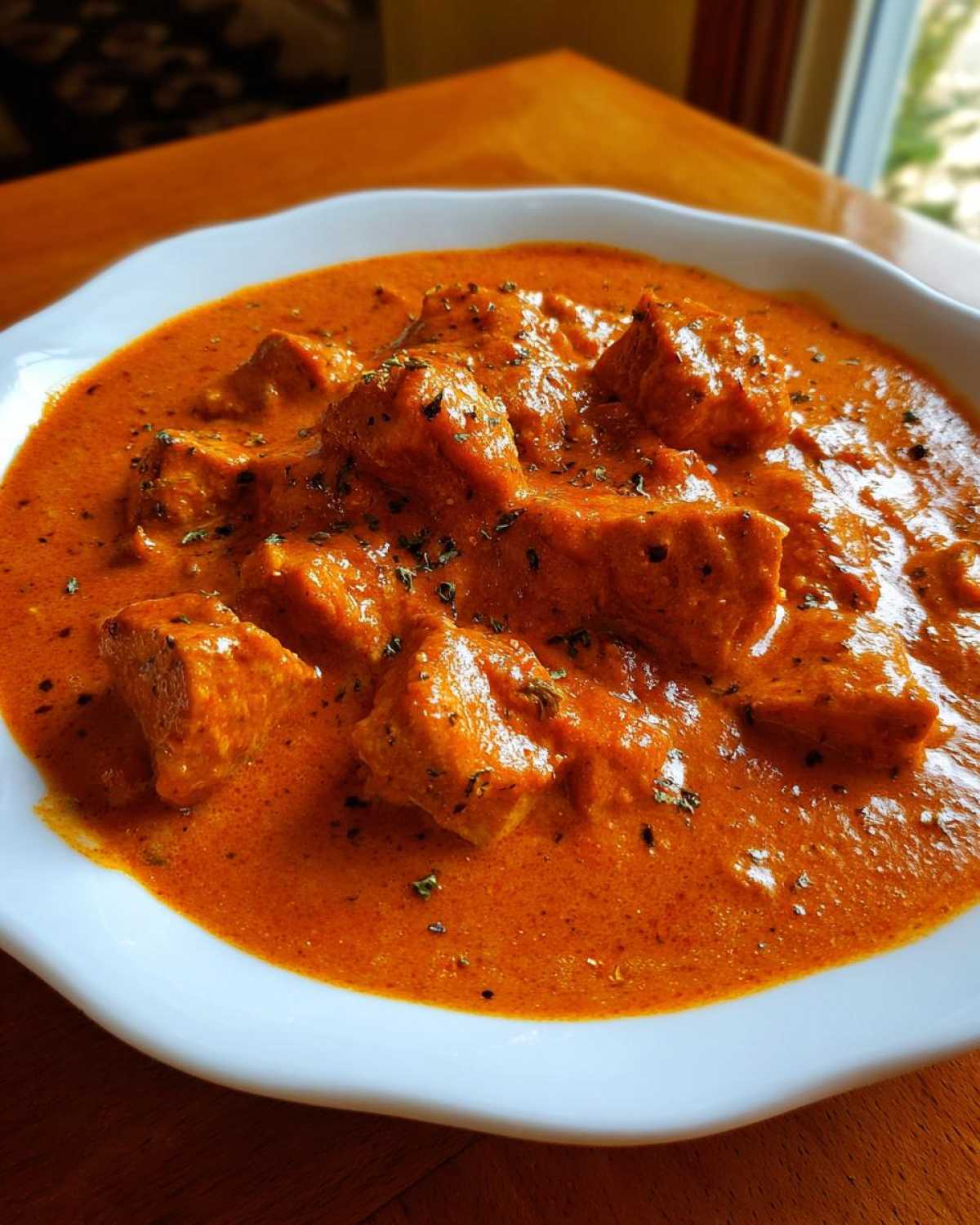 Close-up of tender chicken pieces submerged in vibrant orange, creamy sauce of butter chicken, garnished with dried herbs.