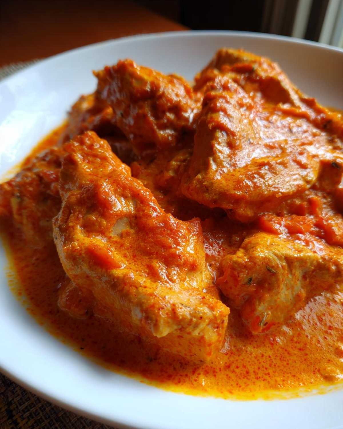 Close-up shot of tender chicken pieces smothered in a rich, creamy orange sauce, characteristic of butter chicken.