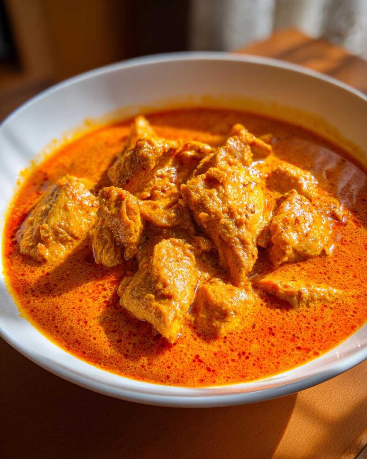 Close-up of tender chicken pieces swimming in a vibrant, rich orange sauce of butter chicken.