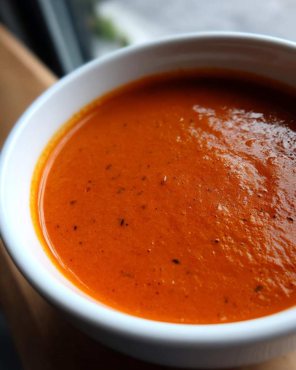 A close-up, high-angle view of vibrant orange-red tomato bisque soup served in a white bowl.