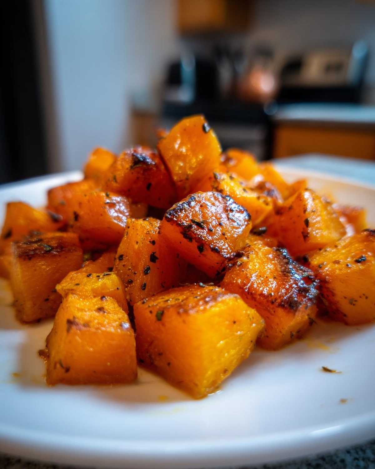 Close-up of caramelized, seasoned roasted butternut squash cubes piled on a white plate.