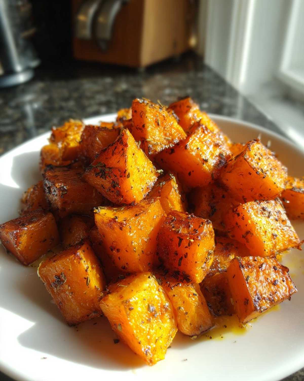 Close-up of perfectly seasoned and caramelized roasted butternut squash cubes on a white plate.
