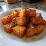 Close-up of perfectly seasoned roasted butternut squash cubes glistening on a white plate.