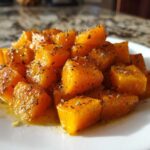A close-up of bright orange roasted butternut squash cubes seasoned with herbs on a white plate.