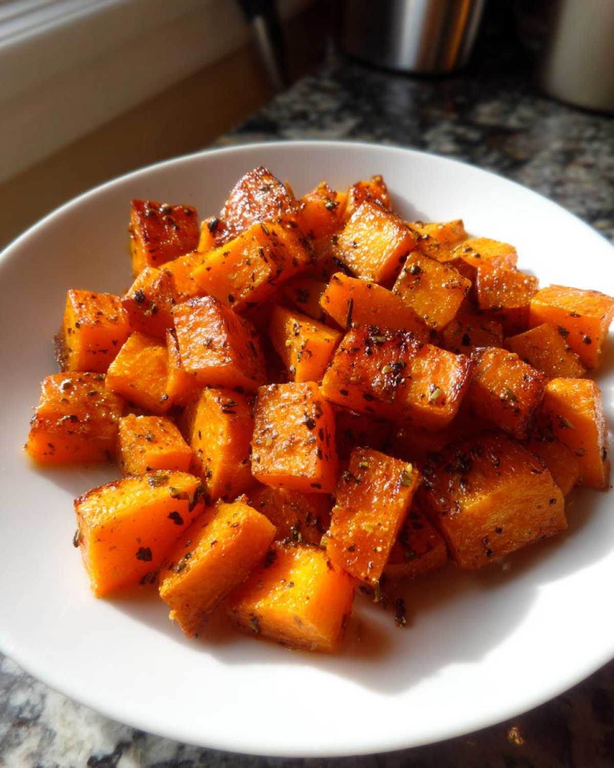 Close-up of glistening, orange roasted butternut squash cubes seasoned with herbs on a white plate.