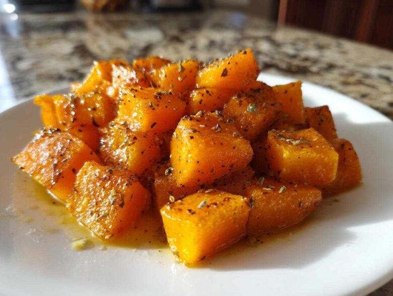 A close-up of bright orange roasted butternut squash cubes seasoned with herbs on a white plate.