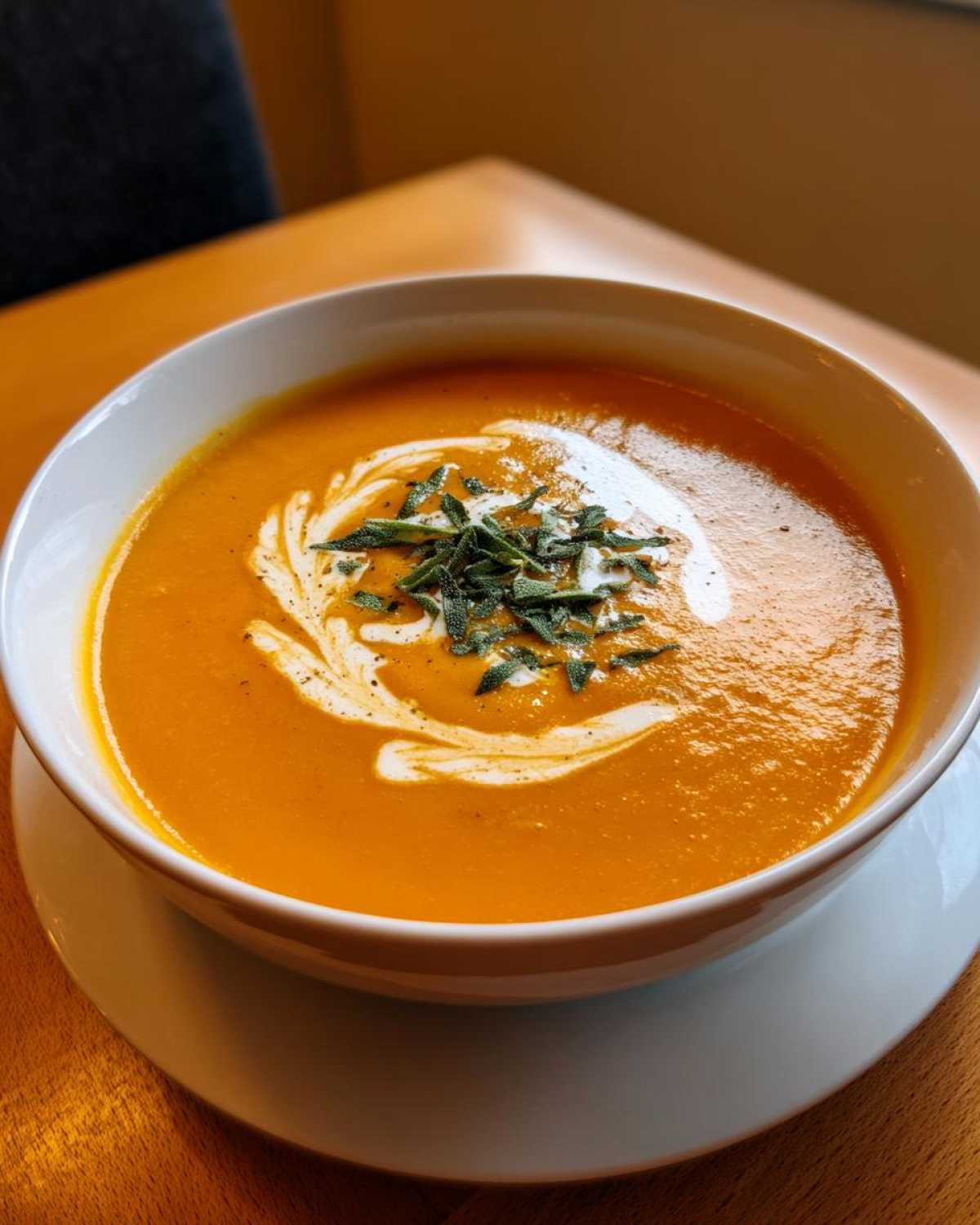 Close-up of a bowl of vibrant orange roasted butternut squash soup, garnished with cream swirl and fresh sage.