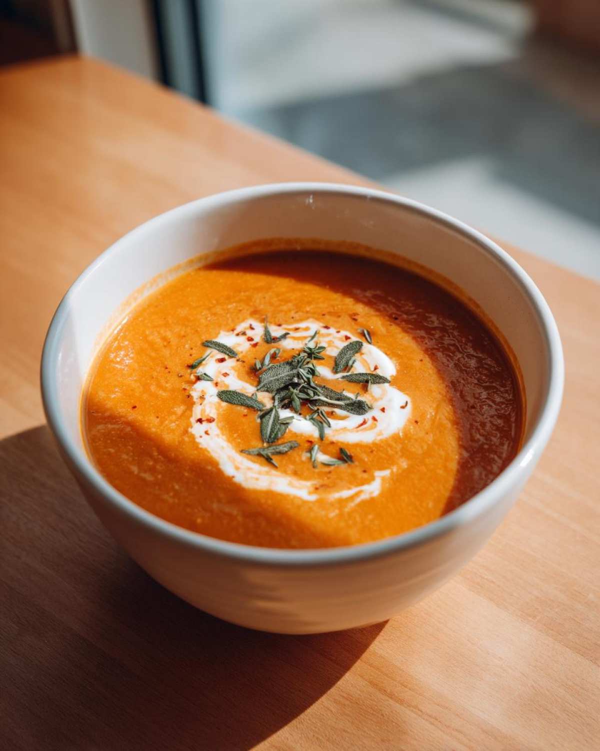 A close-up of a white bowl filled with vibrant orange roasted butternut squash soup, garnished with cream swirl and fresh herbs.