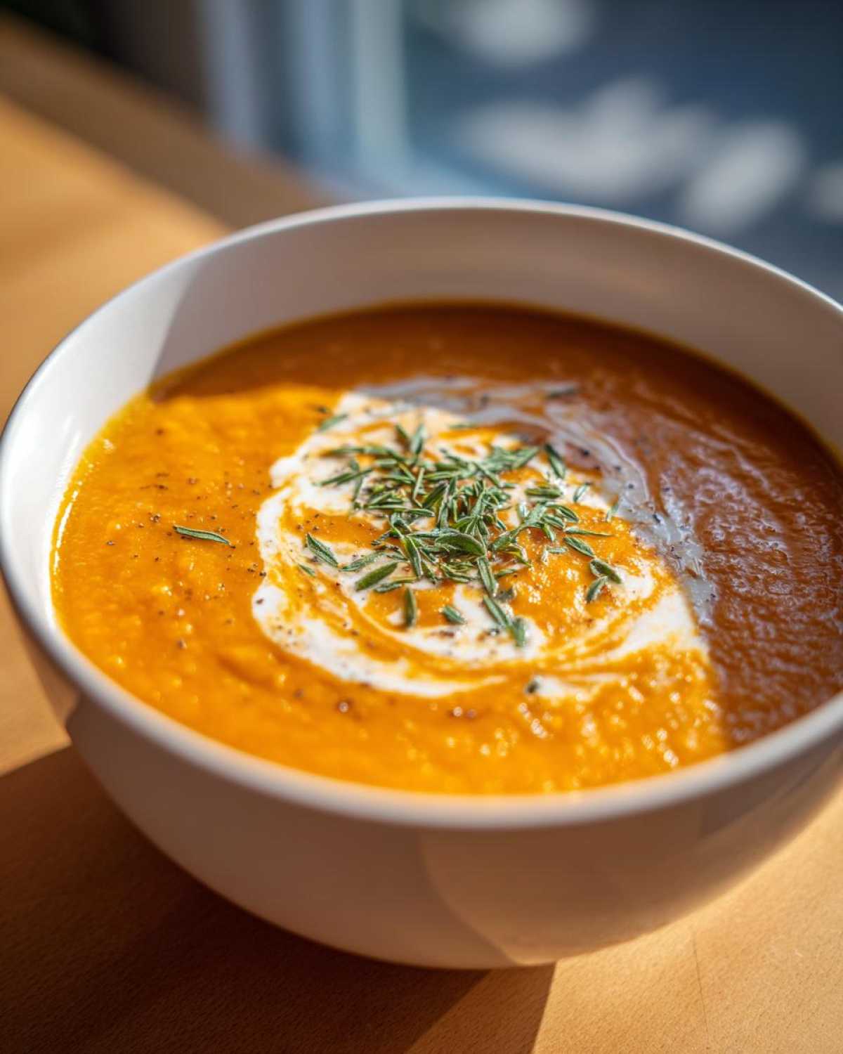 Close-up of a white bowl filled with vibrant orange roasted butternut squash soup, topped with cream swirl and fresh herbs.