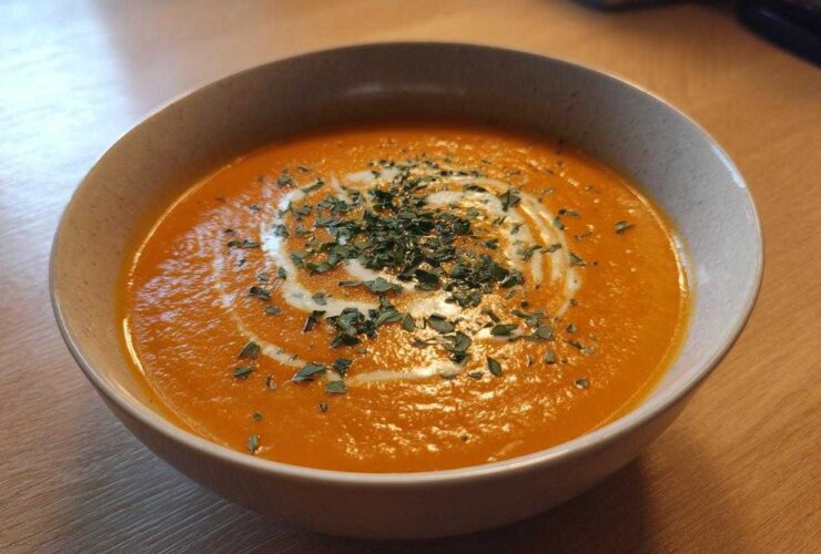 A close-up of a bowl of vibrant orange roasted butternut squash soup, garnished with a swirl of cream and fresh herbs.