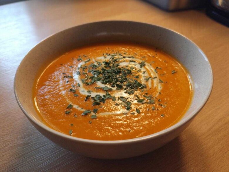 A close-up of a bowl of vibrant orange roasted butternut squash soup, garnished with a swirl of cream and fresh herbs.