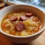 A close-up of a white bowl filled with steaming sauerkraut soup, featuring chunks of sausage, potatoes, and carrots.