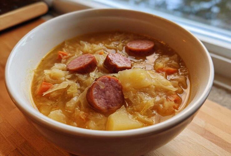 A close-up of a white bowl filled with steaming sauerkraut soup, featuring chunks of sausage, potatoes, and carrots.