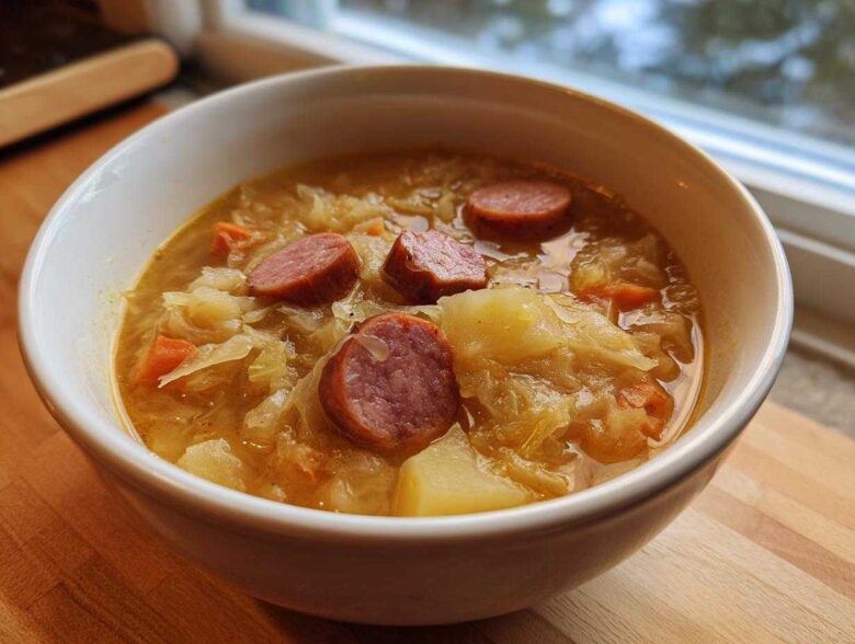 A close-up of a white bowl filled with steaming sauerkraut soup, featuring chunks of sausage, potatoes, and carrots.