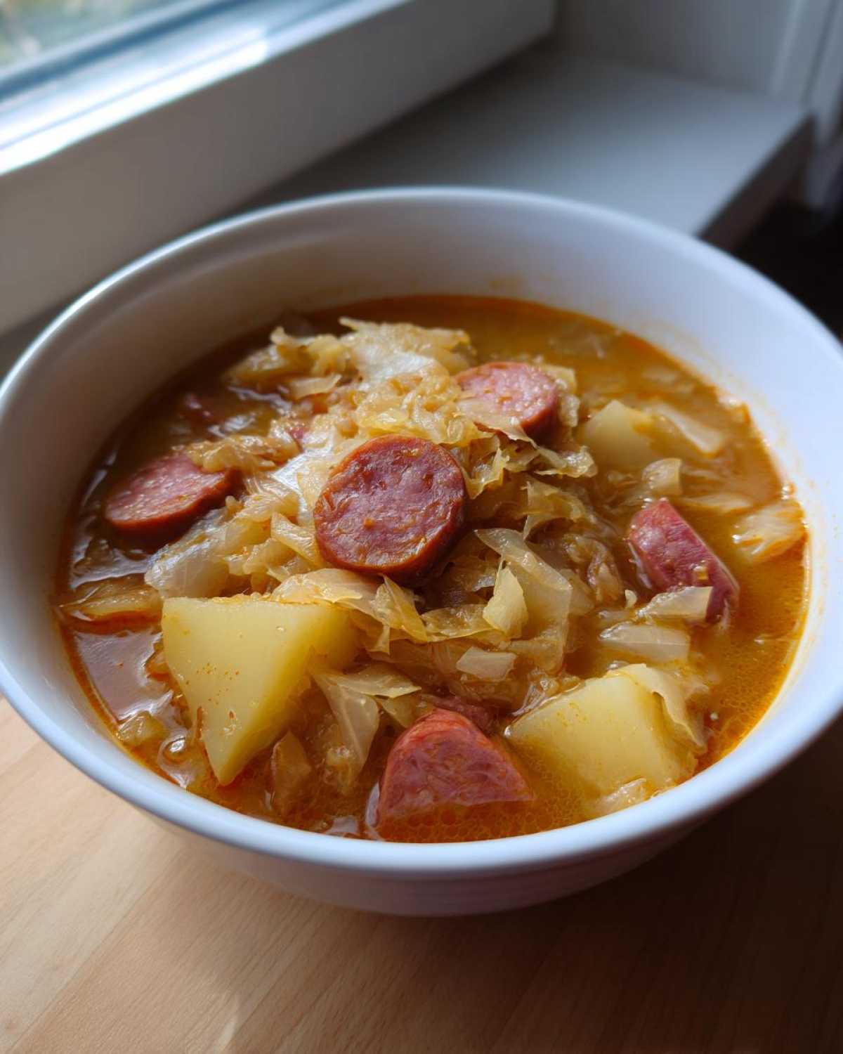 Close-up of a white bowl filled with rich sauerkraut soup, featuring chunks of potato and slices of smoked sausage.