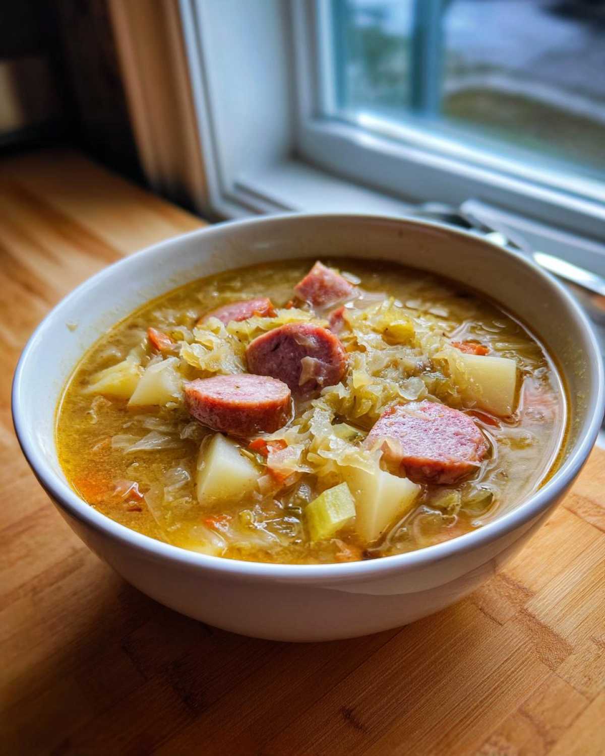 A close-up of a white bowl filled with savory sauerkraut soup, featuring chunks of smoked sausage and potatoes.