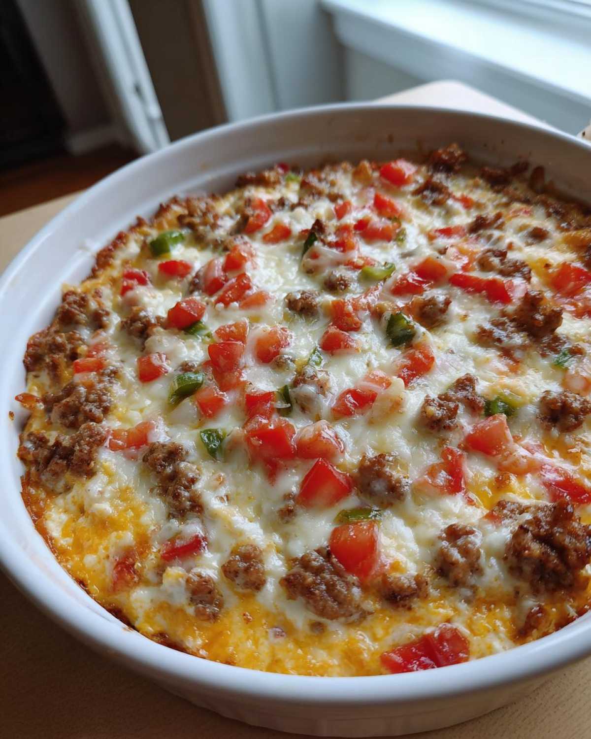 Close-up of a baked sausage cream cheese dip topped with melted cheese, diced tomatoes, and green peppers.