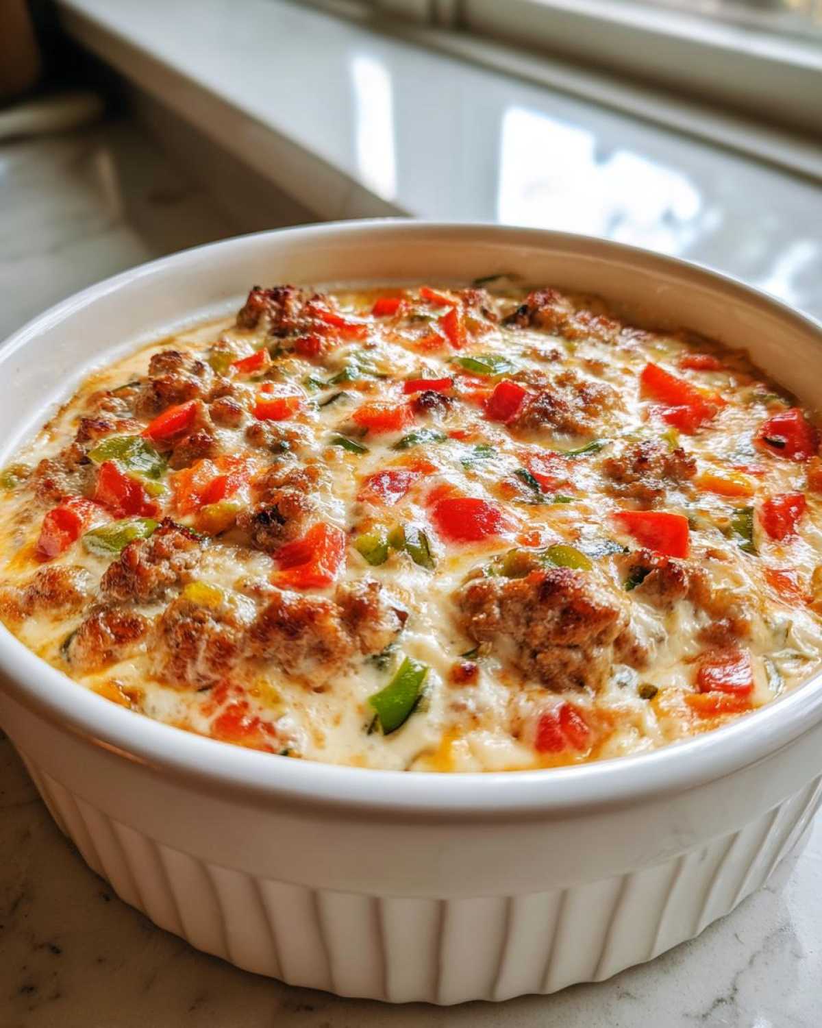 Close-up of hot, bubbly sausage cream cheese dip topped with red and green peppers in a white baking dish.