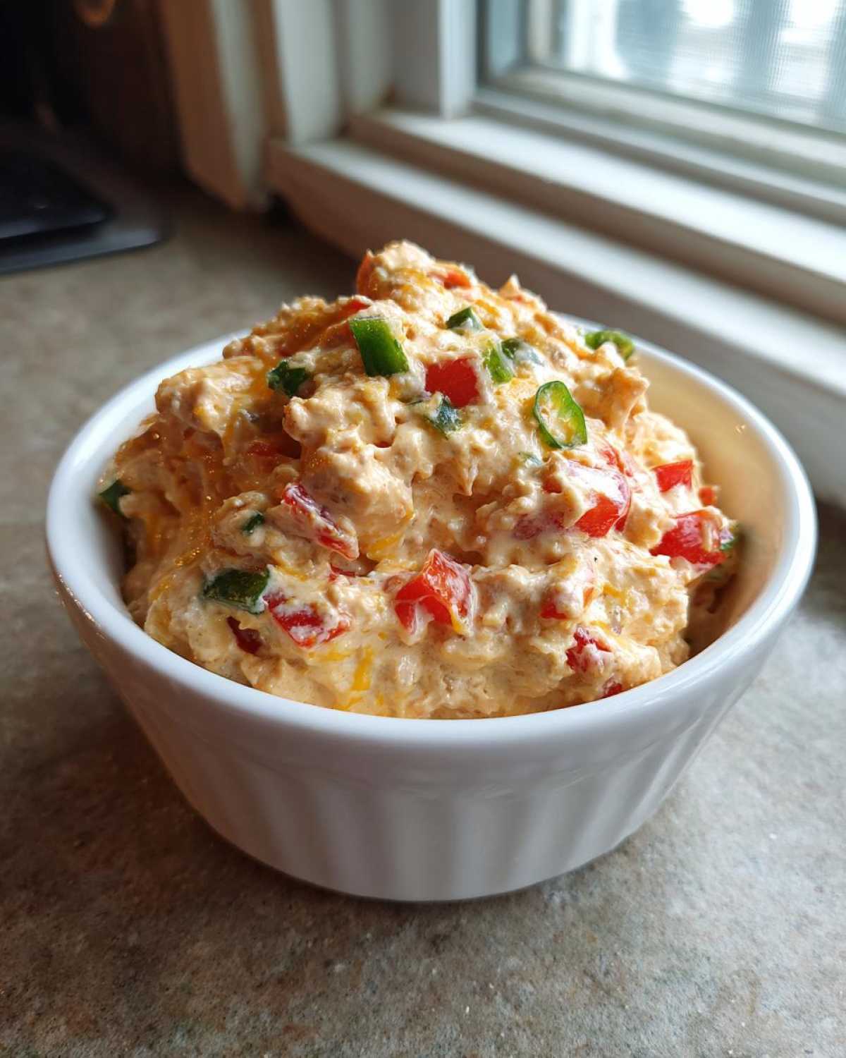 A close-up of a hearty sausage cream cheese dip, mixed with red peppers and green jalapeños, served in a white ramekin.