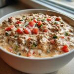 A close-up of the amazing sausage cream cheese dip, topped with diced tomatoes and green peppers.