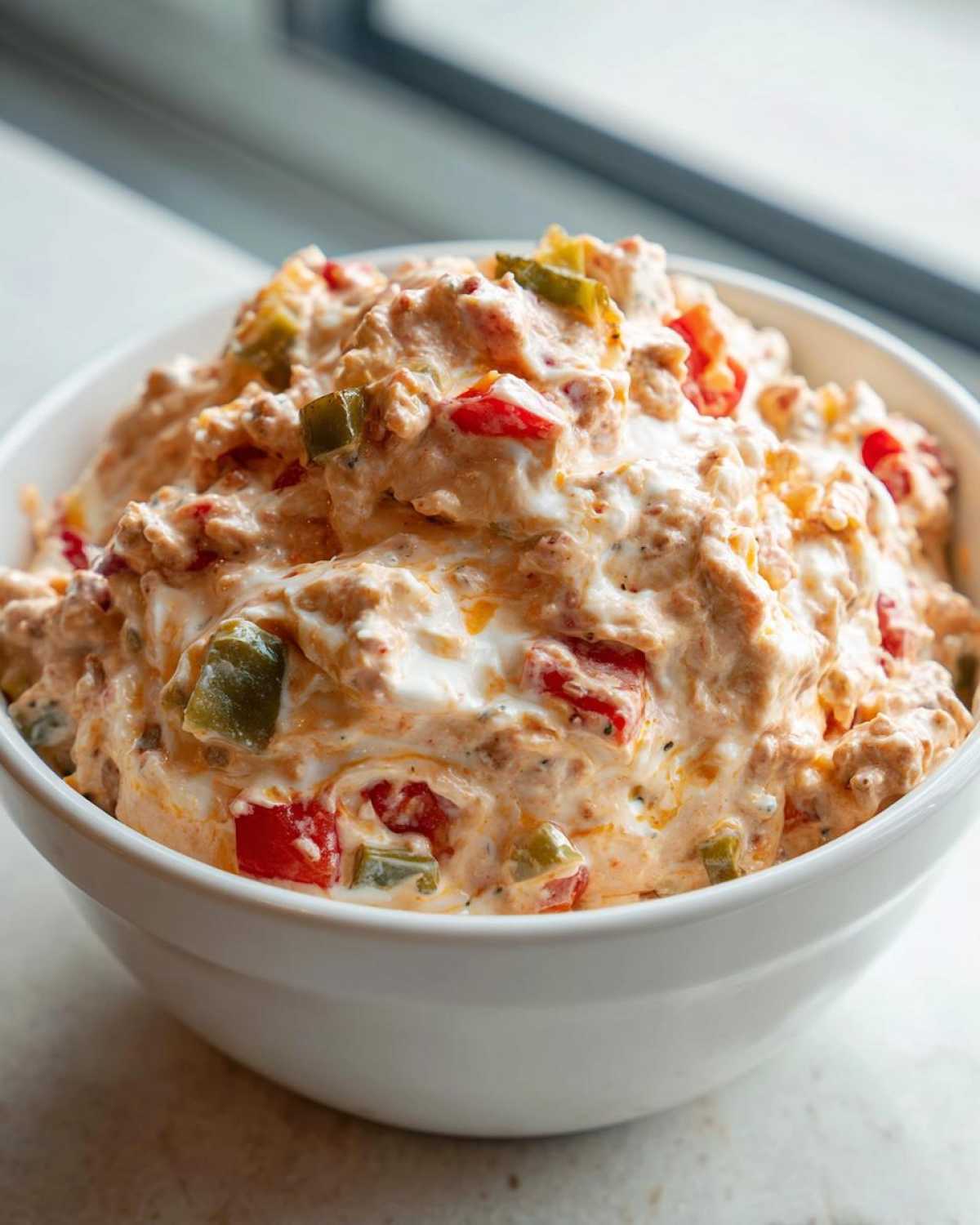 A close-up of a white bowl filled with creamy sausage cream cheese dip mixed with red and green peppers.