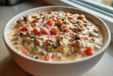 A close-up of the amazing sausage cream cheese dip, topped with diced tomatoes and green peppers.