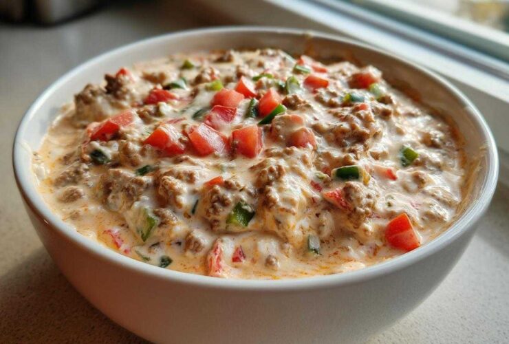 A close-up of the amazing sausage cream cheese dip, topped with diced tomatoes and green peppers.