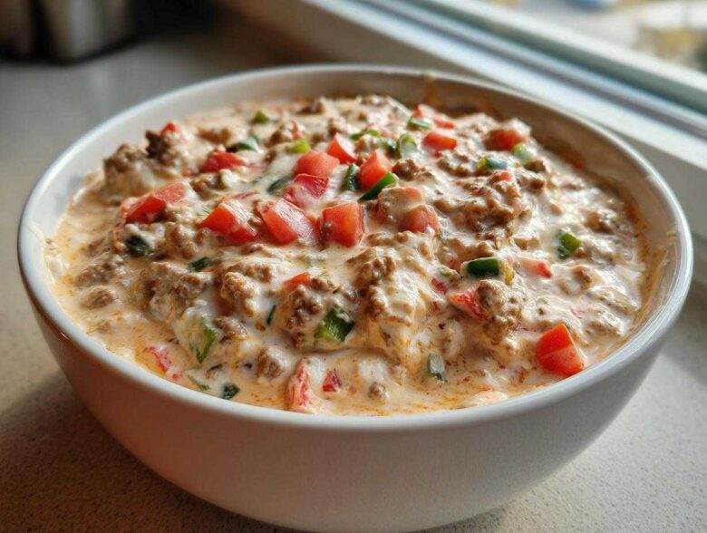 A close-up of the amazing sausage cream cheese dip, topped with diced tomatoes and green peppers.
