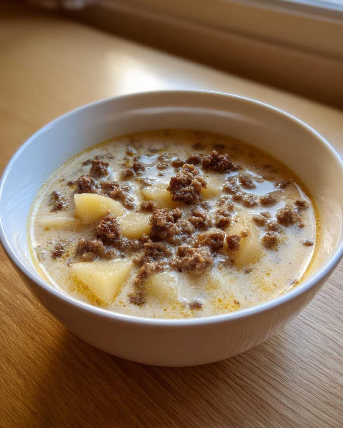 Close-up of a hearty bowl of sausage potato soup with chunks of potato and browned sausage crumbles.