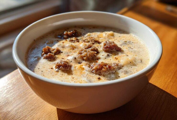 Close-up of a white bowl filled with creamy sausage potato soup, topped with browned sausage crumbles.