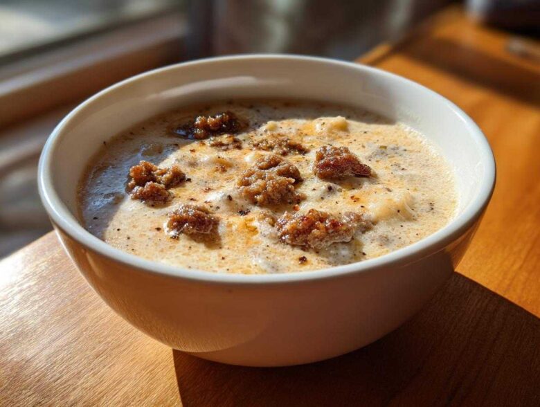 Close-up of a white bowl filled with creamy sausage potato soup, topped with browned sausage crumbles.