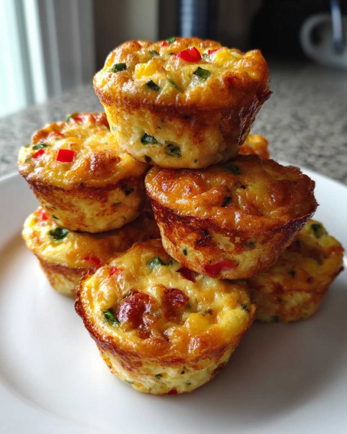 A stack of golden brown, savory egg bites filled with colorful peppers and herbs, ready to eat.