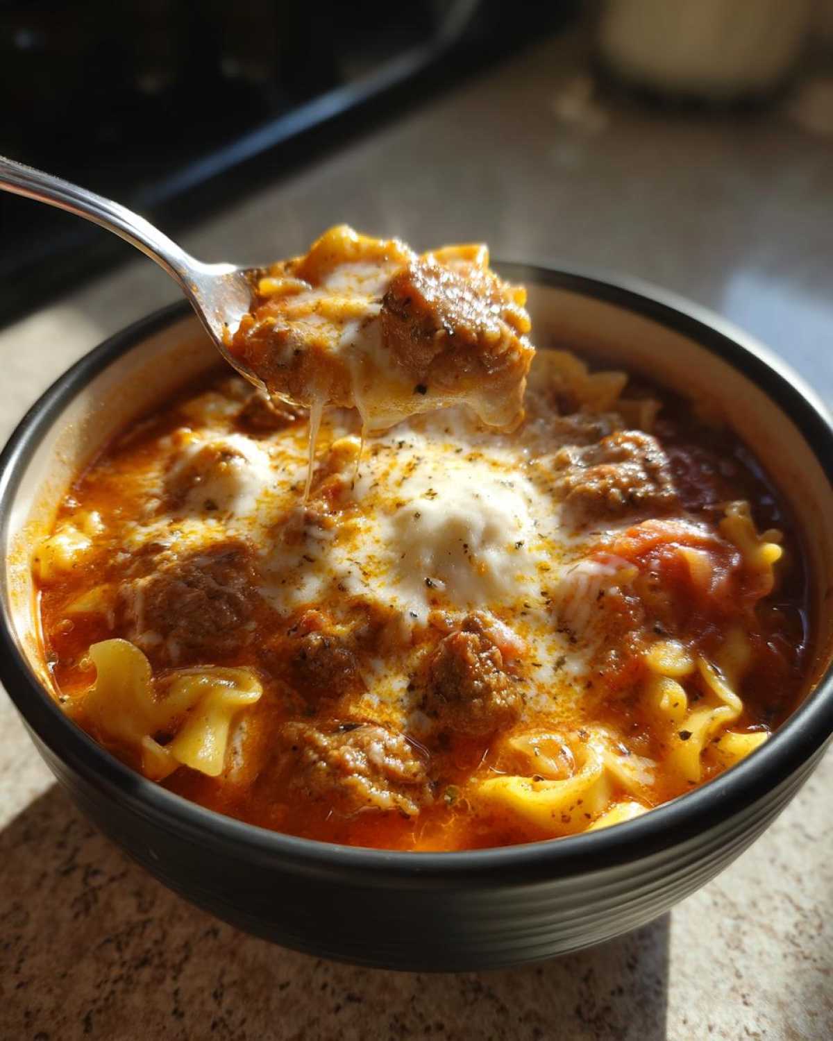 A spoonful of rich crockpot lasagna soup, showing melted cheese stretching, being lifted from a dark bowl.