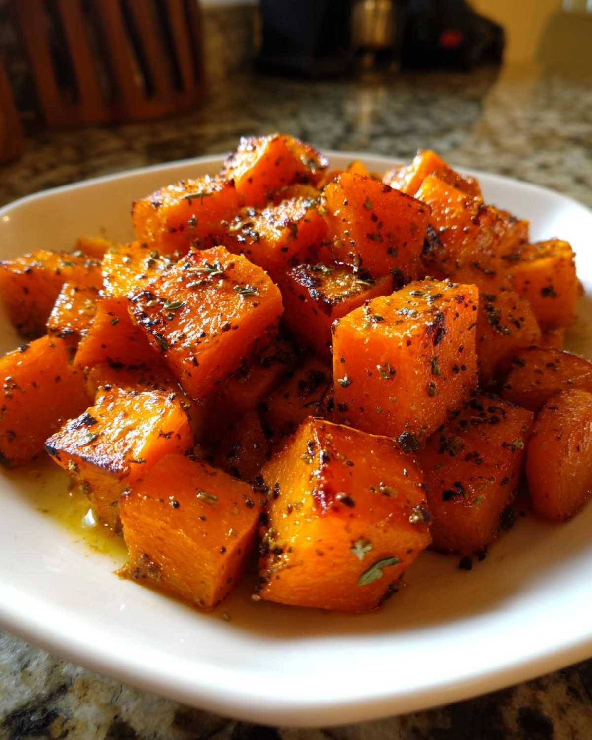 Close-up of bright orange, seasoned cubes of roasted butternut squash glistening with oil on a white plate.