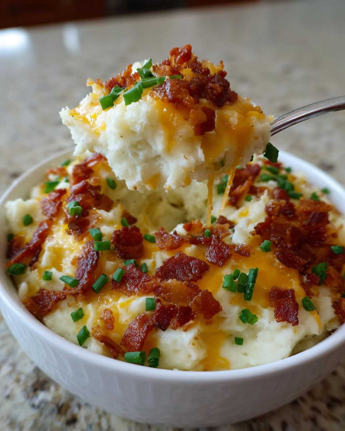 A spoonful of creamy easy crockpot potato soup topped with melted cheese, bacon bits, and chives being lifted from a white bowl.