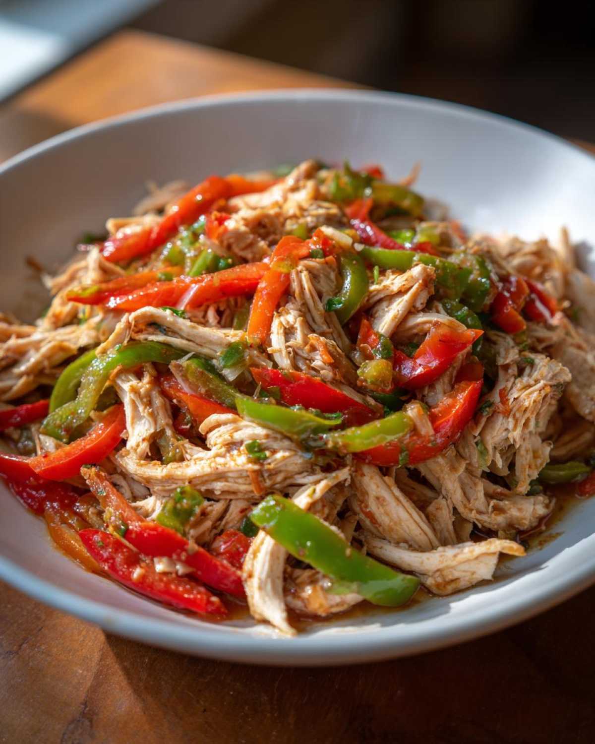 Close-up of shredded chicken mixed with vibrant red and green bell peppers, ready for crockpot chicken fajitas.