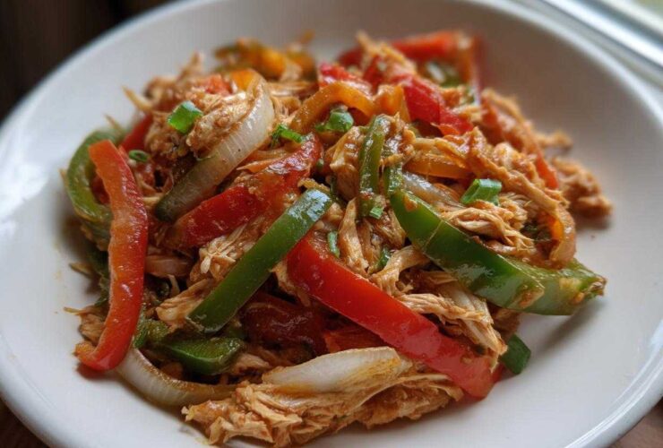 Close-up of shredded chicken mixed with colorful bell peppers and onions, ready for crockpot chicken fajitas.