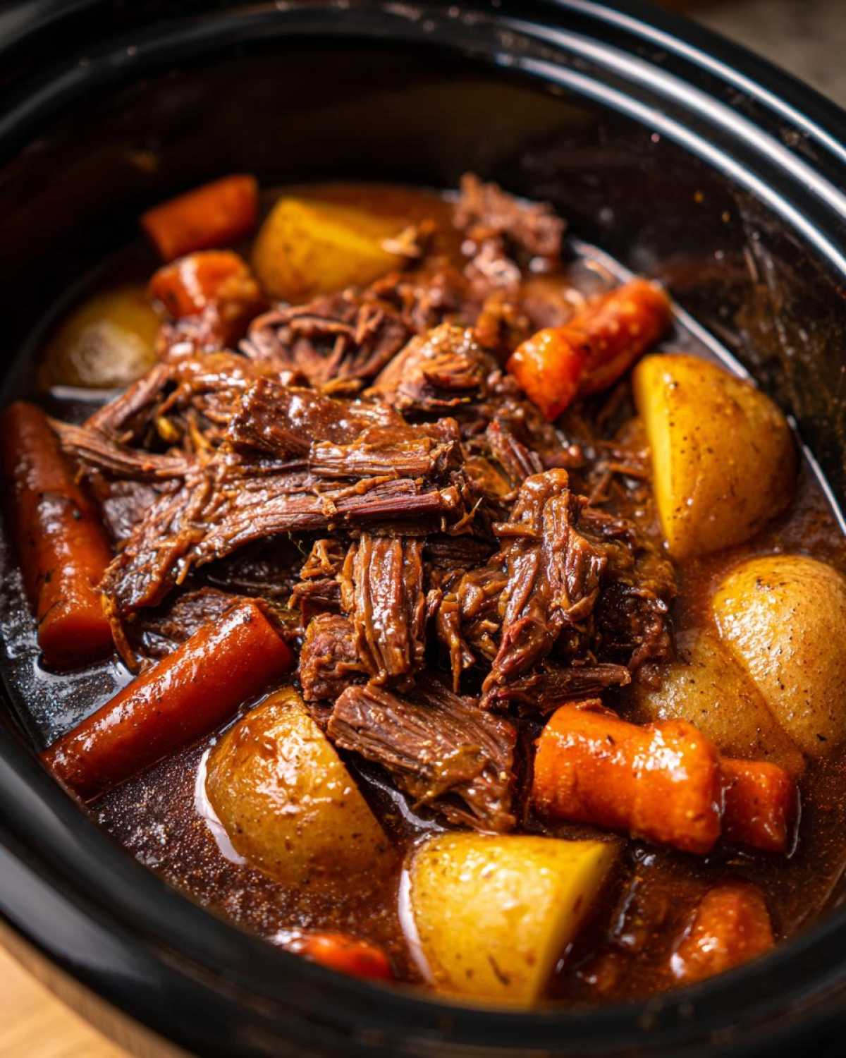 Close-up of tender, shredded pot roast surrounded by chunks of carrots and potatoes simmering in rich gravy inside a black slow cooker.