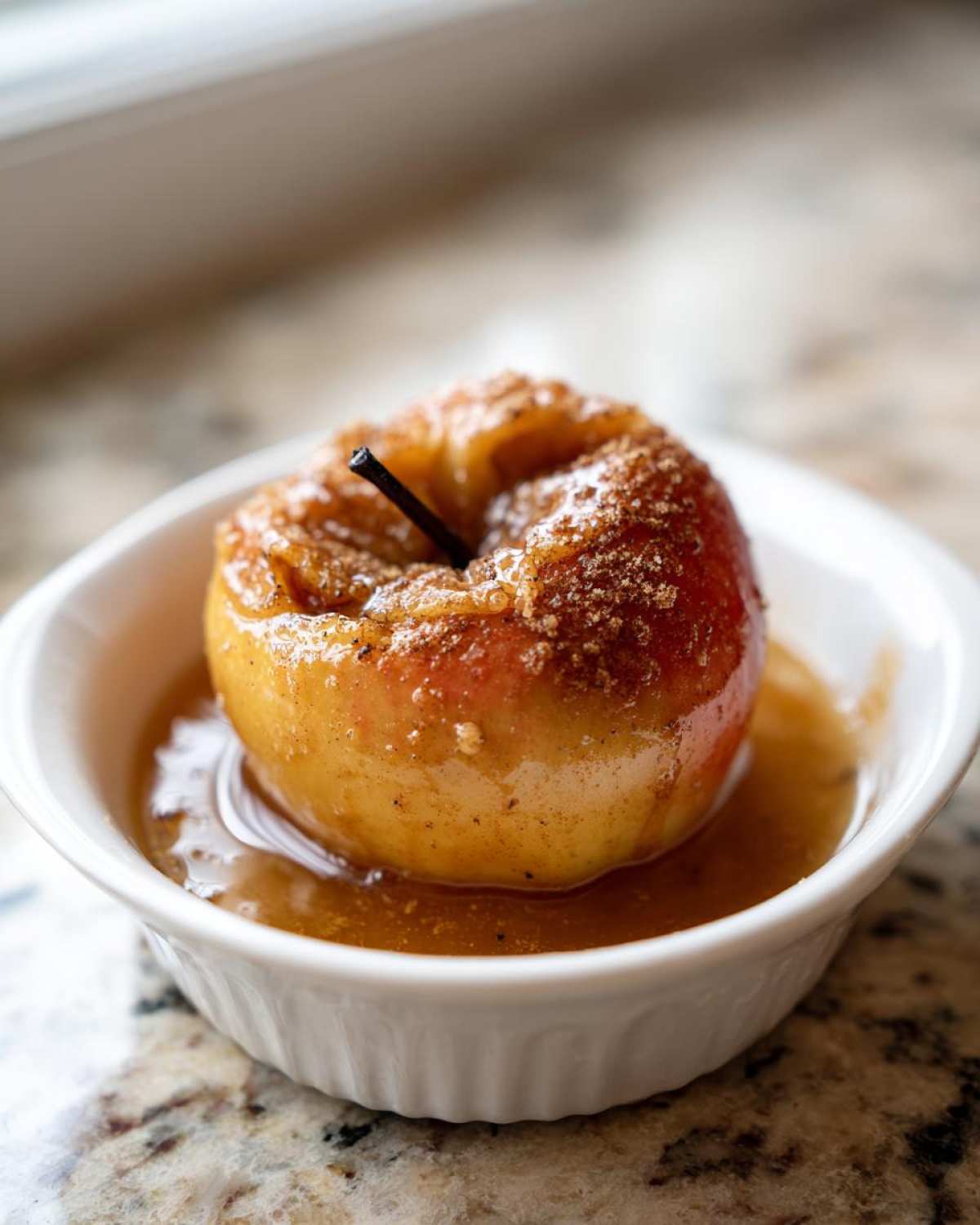 A single, warm baked apples dessert served in a white ramekin with brown sugar and cinnamon sauce.