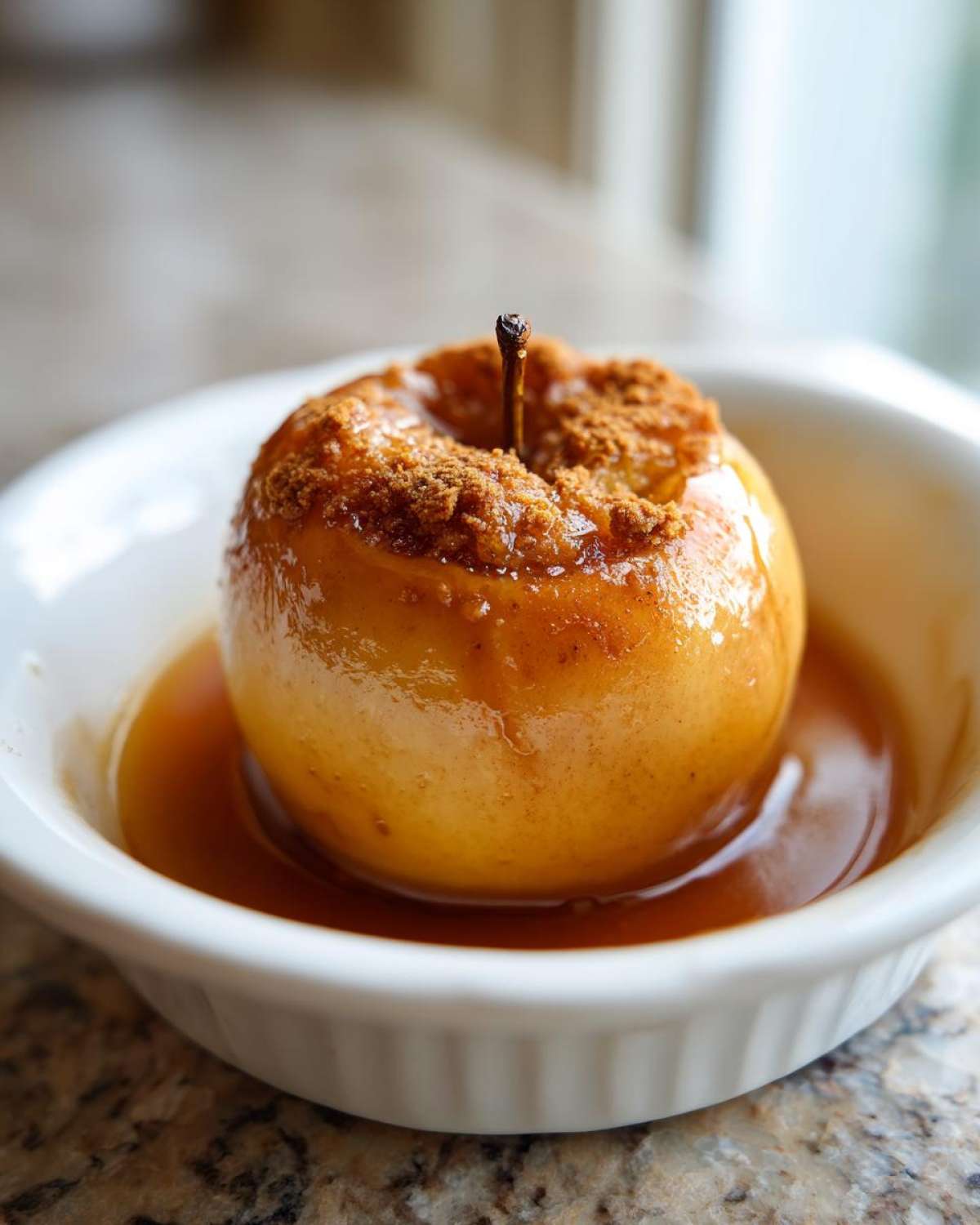 A single, glistening baked apples dessert served in a white ramekin with rich caramel sauce and cinnamon topping.
