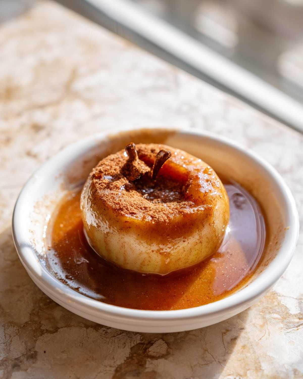 A single, perfectly cooked baked apples serving in a white bowl, drenched in cinnamon syrup.