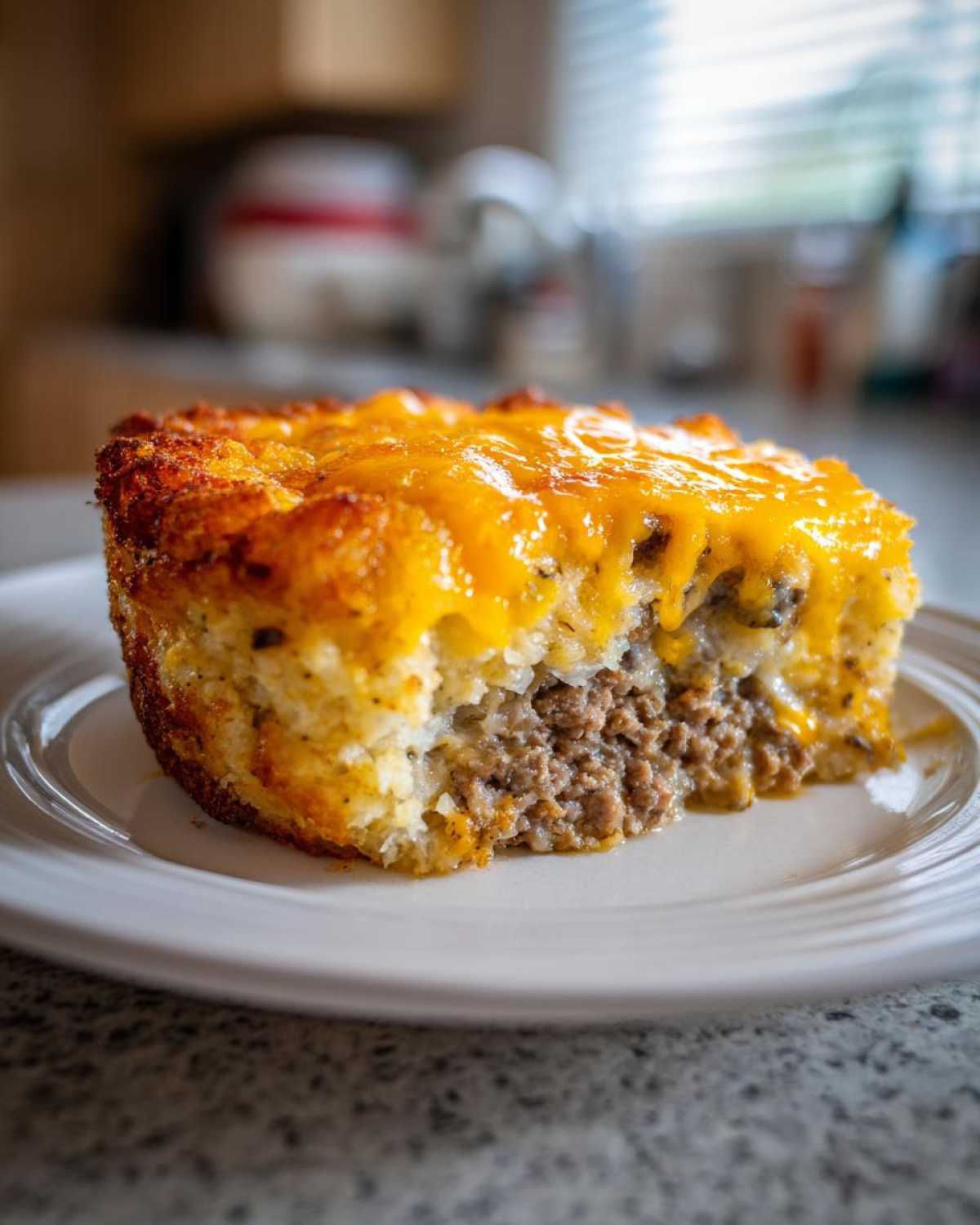 Close-up of a single serving of tater tot casserole with a cheesy top and ground meat filling.
