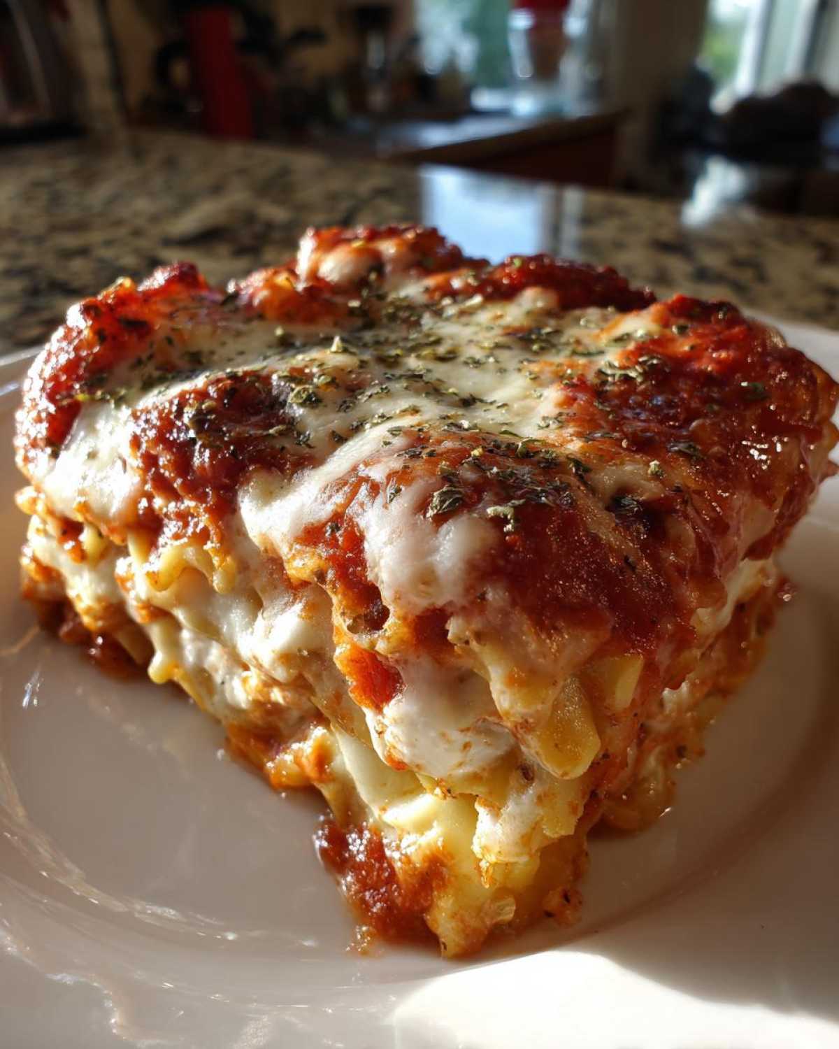 A thick, layered slice of baked ravioli comfort casserole topped with melted cheese and herbs.