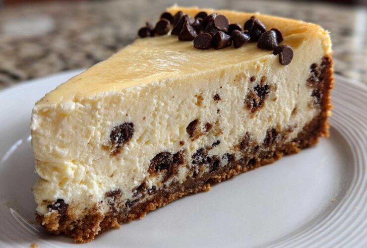 A perfect slice of creamy chocolate chip cheesecake with a graham cracker crust and chocolate chips on top.