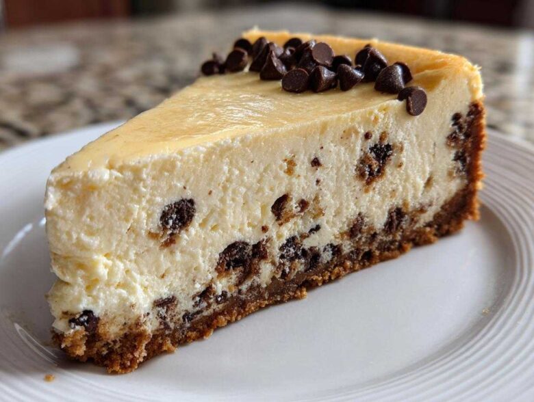 A perfect slice of creamy chocolate chip cheesecake with a graham cracker crust and chocolate chips on top.